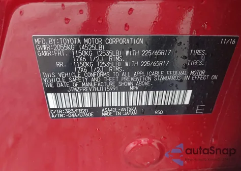 2017 Toyota Rav4 Le z USA, uszkodzony, nr VIN JTMZFREV7HJ115991